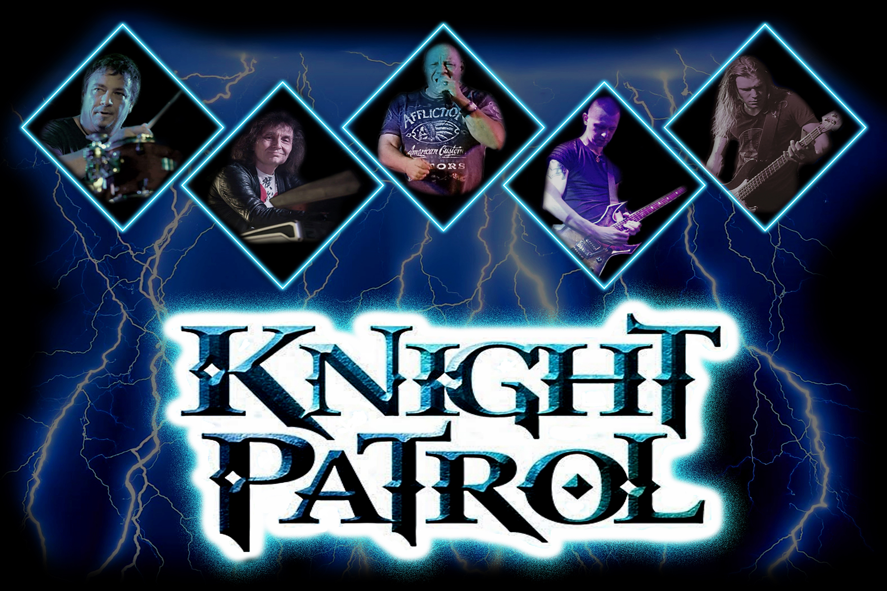 knight patrol band photo with white and blue logo
