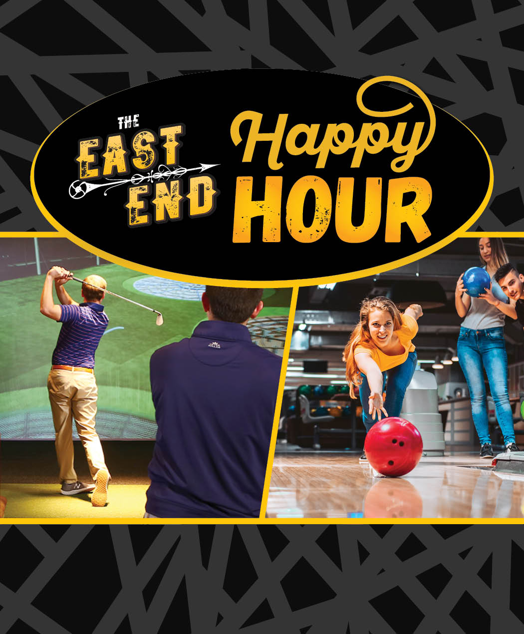 The East End Happy Hour with guests swinging at Topgolf at bowling at the lanes